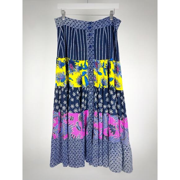 VTG 90’s Surya Rayon Batik Fabric Floral Boho Tiered Skirt w/ Front Buttons Sz M - Picture 1 of 10